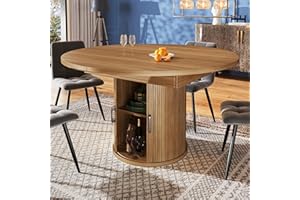 Merax Extendable Round Dining Table 118-158×118x76.8cm, Oval Kitchen Dining Room Table, with Storage, walnut grain finish, for 6 People, for Home & Living Room, walnut