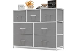 Xbro Cassettiera con 7 Cassetti in Tessuto e Piano in Legno, Mobile con Struttura in Acciaio e Piedini Regolabili, Comò per Camera da Letto, Corridoio, Soggiorno, Cucina, Grigio