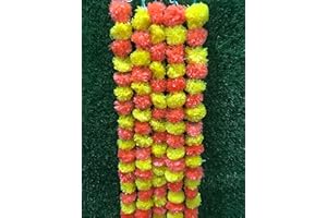GAVYA INTERNATIONAL 5 PC - 5 feet Artificial Marigold Garland Indian/American Wedding Party, Faux Garlands Wedding Garland, Diwali Decoration, Mantle Decoration, Diwali, Spring Bush Floral! (Dark Orange and Yellow)