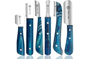 FLAMIA & JABZ Professional Stripping Knife kit (6 Pieces Set) for Dogs & Pets, Wooden Handle Grip with Stainless Steel Comb (Right Handed) (Blue)