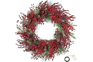 KI Store Berry Door Wreath Christmas Illuminated Large 65 cm Red Berry Wreath Light Christmas Wreath Front Door with Lighting for Christmas Decoration, Holly Decoration