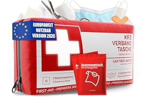 Car First Aid Bag According to Current Standard 2026 Including Ventilation Wipes - Car First Aid Kit Can Be Used Europe - First Aid Kit DIN 13164:2022 (German Road Traffic Regulations Compliant)