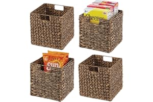 mDesign Woven Hyacinth Farmhouse Kitchen Storage Organizer Basket Bin with Handles for Kitchen Cabinets, Pantry, Bathroom, Laundry Room, Closets, Office - 4 Pack - Brown Wash