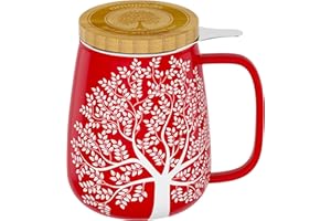 amapodo Lot de tasses à thé, en porcelaine, avec couvercle et tamis, 600 ml, XXL, rouges, sans plastique