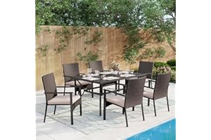 MFSTUDIO 7 Piece Patio Dining Set Including 6 Rattan Chairs with Cushions and 1 Rectangular Metal Slat Table,1.57" Umbrella Hole,Outdoor Furniture Set for Garden,Patio,Balcony