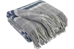 ‎LYHOME LYHome Koc Kaszmirowy z Frędzlami i Modny Wzór Tartan: Pled na Łóżko, Kanapę, Sofę, do Salonu, Sypialni i na Prezent. Miękki, Delikatny, Lekki (140 cm x 200 cm/Szary z Ciemnoniebieskim)