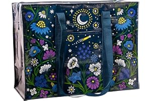 Blue Q Starry Garden Shoulder Tote is the carry-everywhere bag featuring a hefty zipper, exterior pocket, wrap-around straps, reinforced floor, 95% recycled material, 11" h x 15" w x 6.25" d.