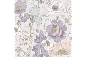 LZH-LP Papier Peint Autocollant, 44x600CM Motif Coquelicot Vintage Décoller et Coller Motif Floral Rose Neutre et Violet Amovible Décoratif pour Mur