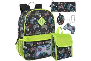 Trail maker Boy's 6 in 1 Backpack Set with Lunch Bag, Pencil Case, Ruler, Clip, and Wristlet Keychain