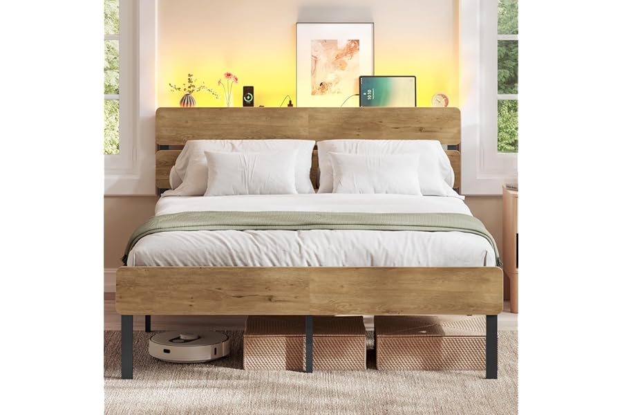 VASAGLE Double Metal Bed Frame, 135 x 190 cm, LED Lights, USB and Type-C Ports, Under-Bed Storage Space, Industrial Style, Easy Assembly, Natural Brown, RMB106K01