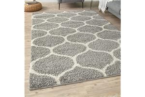 THE RUGS Shaggy Rug – Modern Moroccan Design Rugs for Living Room, Bedroom, Hallway, 3 cm Thick Area Rugs, (Trellis Grey/Ivory, 80x150cm)