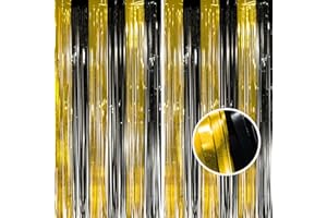 BRAVESHINE New Years Eve decorations 2026 Black and Gold Tinsel Backdrop - 2PCS 3.3x8.2ft Glitter Foil Fringe Curtain Party Streamers Photo Booth Props for Retirement Prom Graduation Party Decorations