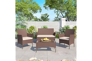 rattantree Rattan Garden Furniture Set,4 Pieces PE Garden Sofa Sets,All-Weather Patio Conversation Set with 2 Armchairs,2 Seaters Sofa and 1 Tempered Glass Table for Poolside,Backyard,Balcony(Brown)
