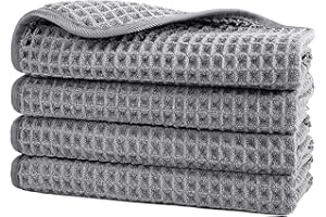 POLYTE Microfibre Lint Free Washcloth Face Towel, 33 x 33 cm, 4 Pack (Grey, Waffle Weave)