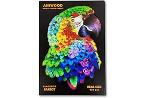 JUEGACONMIGO ANIWOOD Puzzle de Madera de Animales. Tapa troquelada, Caja a tamaño Real del Puzzle. 3 Modos de dificultad, Elemento Decorativo. Piezas únicas Originales de Animales (Medium, Loro)