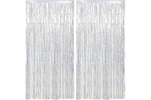 Fairymaiden 2 Tende Metalliche Argento, Orpelli e Festoni Lamina Frangia Tinsel Argento per Sfondo Fotografico Decorazioni Festa Compleanno Birthday Party Ragazzo Ragazza Baby Shower Festa Nozze 1x2m