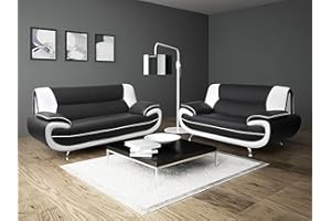 SOFAS AND MORE Lewis Black White Faux Leather 3+2 Seater Sofa Set Suite Settee Retro Style Chrome Legs