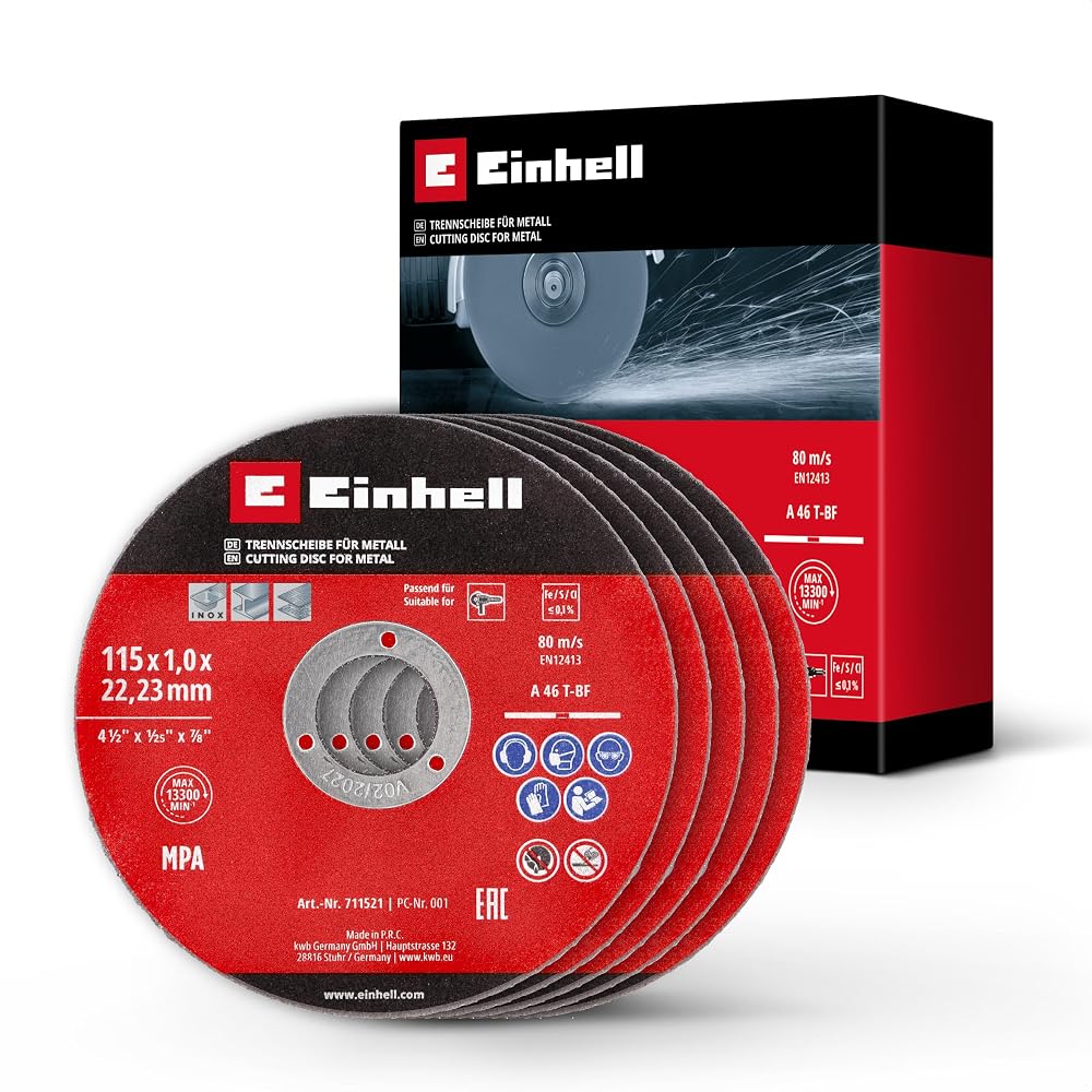 Einhell 5 Parça İnce Metal Kesme Diski, Ø 115 x 1 mm 49711521 | düşük çapaklı kesim | uzun kullanım ömrü | MPA sertifikalı | düz tip | avuç taşlama makineleri için