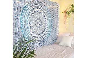 RAJRANG Mandala Hippie Tapisserie Bleu Ombre Tenture Murale Drap Chambre Cotton Tissu Multi Purpose Indienne Wall Hanging Tapestry Pique-Nique Plage Sheet Mur Décoratif - 228x213 cm