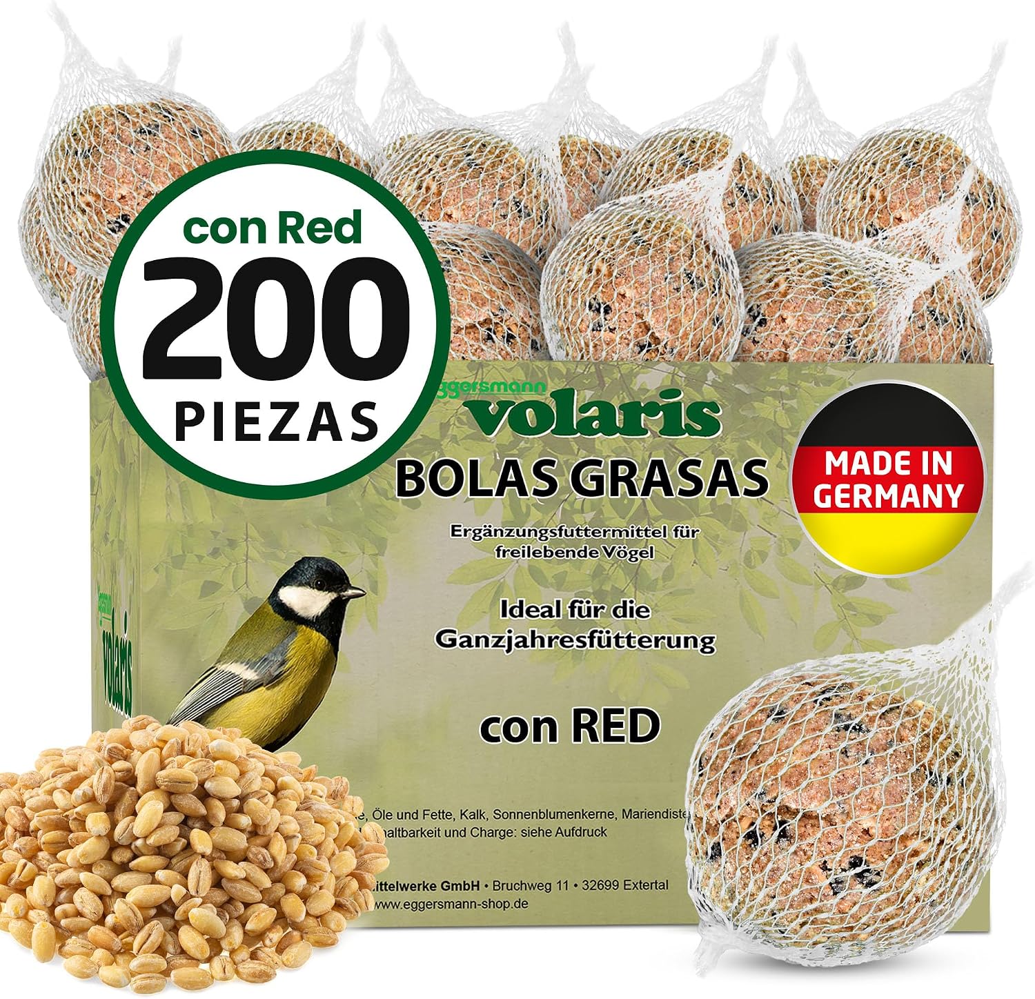 Eggersmann volaris Meisenknödel con red 200 piezas [MEISENkugeln] 18 kg – Alimento para pájaros silvestres – Bollas nutritivas para todos los pájaros de jardín – Meisenknödel en red todo el año y