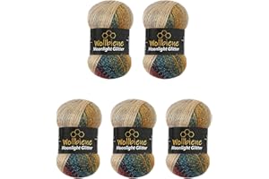 WOLLBIENE Moonlight Glitter Batik Simli, 5 gomitoli di lana da 100 g, 500 g, per lavorare a maglia e all'uncinetto, 20% lana metallica, lana turca, sfumata, lana glitterata (3050 verde ocra)