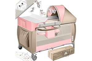 KIDIZ® Łóżeczko dziecięce 3 w 1, turystyczne, zestaw kombi, łóżeczko z przewijakiem, moskitiera, kojec, do 15 kg, przewiewne ściany boczne z wejściem bocznym, składana torba transportowa, różowy/beż