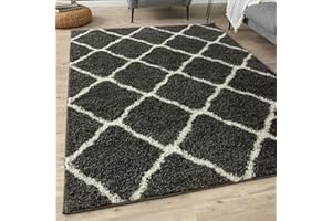 THE RUGS Shaggy Rug – Modern Moroccan Design Rugs for Living Room, Bedroom, Hallway, 3 cm Thick Area Rugs, (Moroccan Dark Grey/Ivory, 120x170cm)