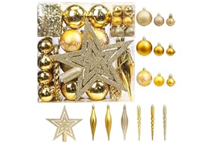 ‎BRIZLABS BrizLabs Weihnachtskugeln Set 75 Stück Christbaumkugeln Kunststoff Weihnachtsbaumschmuck mit Christbaumspitze für Weihnachtsbaum Innen Hochzeit Party Schlafzimmer Esstisch Deko, Gold