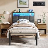 VASAGLE Steel Bed Frame for Mattress 90 x 190 cm | With Upholstered Headboard, LED Lights and Sockets, 209 x 90.5 x 104.5 cm,