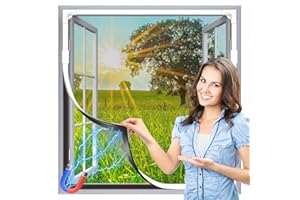 HOFUDON Adjustable Magnetic Fly Screens for Windows, Fit Up to 110x120cm, DIY Fiberglass Insect Mesh for Mosquito Net & Bug Screen, Full Frame Magnetic Strip White Frame Grey Mesh