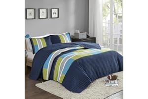 Comfort Spaces 3 Piece Quilt Coverlet Bedspread All Season Lightweight Hypoallergenic Pipeline Colorblock Kids Bedding Set, Full/Queen, Pierre Navy/Blue Stripe
