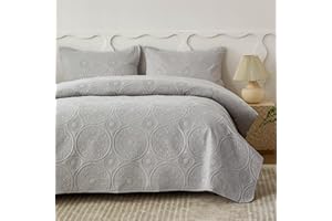 Simple&Opulence Quilted Bedspreads Double Size-3 Pcs Soft Reversible Microfiber Bed Spread Coverlet,Floral Embossed Bed Throw Set with 2 Pillowcases for Bedroom Decor,220x240cm,Light Grey