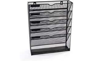 Maison & White Metal Mesh Wall Mounted File Organiser – 6‑Tier A4 Paper Tray for Documents, Mail & Magazines | Vertical Office & Home Mail Sorter – Black