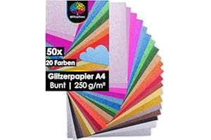 OfficeTree 50 x Glitzerpapier zum Basteln A4 – 20 Farben 250g/m² - Glitzer Papier A4 Bunt - Glitzer Bastelpapier - Glitzer Karton zum Basteln und Gestalten