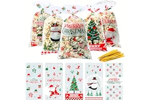 ZHOUHON 100 sztuk torebek celofanowych, torebek na słodycze, ciasteczka, z 120 sztukami skręcanych krawatów, torebki do napełniania (Boże Narodzenie-2)