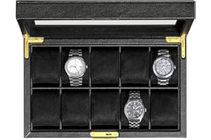 ROTHWELL Boîte à montres en cuir à 10 emplacements – Ecrins pour montres de luxe avec doublure en microsuède ultra douce, support verrouillable avec grand plateau en verre (noir/noir)