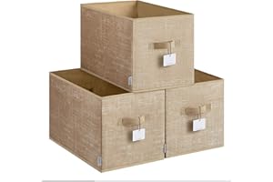 SONGMICS Zestaw 3 pudełek do przechowywania, składane, pudełka z tkaniny, 50 x 30 x 30 cm, do szafy, 2 uchwyty, etykieta, do sypialni, salonu, piaskowy beż ROB450K01