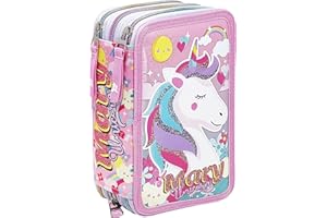 Julian Ross Licorne Mary Trousse Fille, Étui Triple rempli, 45 Accessoires d'École Primaire, 20 Centimètres, Colle en bâtonnet, Mine+, 3 Fermetures Éclair, Compartiments Organisés