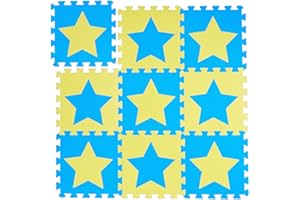 RELAXDAYS 45x Tappeto Puzzle con Stelle, 90 Tasselli e Parti, Gommapiuma EVA Atossico, Area da Gioco Cameretta, Blu Giallo