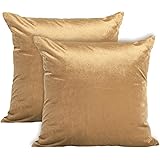 Encasa Homes VELVET Cushion Covers 2pc Set (60 x 60 cm) - Gold - Solid Plain Colour Dyed, Soft & Smooth, Washable, Square Dec