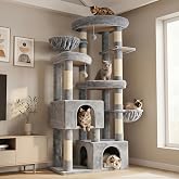 Hey-brother MPJ084W Cat Scratcher with 3 Large Platforms, 2 Cave | 171 cm Multi-Level Cat Tree, 2 Soft Baskets, 2 Plush Ball,