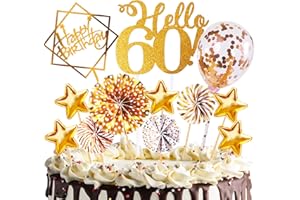 HCSSZ Tortendeko Geburtstag,Happy Birthday 60 jahre Kuchendeko Frauen Männer,60. Cake Topper,Cupcake Topper mit Sternen Konfetti-Luftballons und Papierfächer für 60 Geburtstag