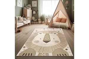‎PACO HOME Paco Home Kinderteppich Moderner Spielteppich Kinderzimmer 3D-Effekt Naturtöne weicher Flor robust & pflegeleicht Schlingenstruktur Löwen-Motiv Beige Creme Charcoal, Grösse:120x160 cm