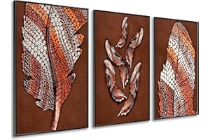 DekoArte - Tableau décoration murale salon PLUMES MÉTALLISÉES 50x70 cm x3 pièces - Tableaux avec cadre noir inclus