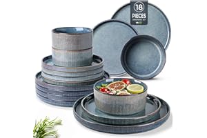 GBhome Stoneware Dinner Sets for 6 People, 18 Pieces Reactive Glaze Handcrafted Plates and Bowls Set, Scratch Resistant Dinnerware Set, Dishwasher & Microwave Safe Crockery Set, Space Blue