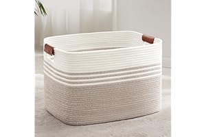 MYHOMMATTO Wäschekorb Geflochten Groß aus Baumwollseil, 86L Aufbewahrungskorb mit Lederhenkeln, Korb für Decken, Kleidung, Spielzeug, Laundry Basket für Kinderzimmer Wohnzimmer, 60 x 40 x 36 cm, Weiß und Braun