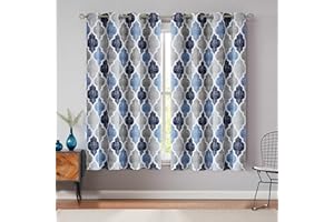 Beauoop Blue Grey Blackout Curtains for Bedroom 54 Inch Drop Geometric Curtains Lattice Moroccan Print Room Darkening Thermal Insulated Energy Efficient Window Curtain Drapes 2 Panels