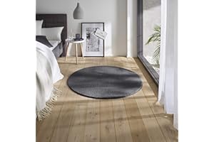 TacaHome Waschbarer Kurzflor Teppich Anti-Rutsch I Flauschiger Flachflor für Badezimmer Wohnzimmer Schlafzimmer Kinderzimmer Flur Läufer | 80 cm rund Anthrazit