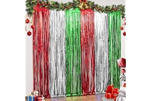 LOLStar 3 Pack Christmas Foil Fringe Curtains Christmas Party Decoration 1 X 2 M Red Silver Green Tinsel Fringe Party Photo Backdrop Streamer Backdrop for Christmas, New Year, Ugly Sweater Party