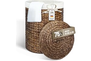 Casa Mina® Wäschekorb mit Deckel D45 x H55cm hoch I Atmungsaktiver Wäschekorb geflochten aus 100% Naturfaser I Robuster Wäschesammler mit Griffen & waschbarem Innensack I Wäschekörbe - Manila